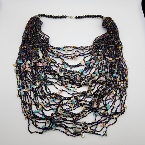 Vintage Shell And Seed Bead Statement Tribal Necklace 20" Multi Strand Bib - Picture 1 of 7